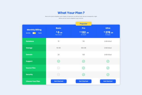 网站托管服务套餐价格表单UI设计模板素材 Pricing Table