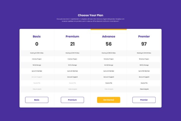 服务器提供商多套餐对比价格表单UI设计模板素材 Pricing Table