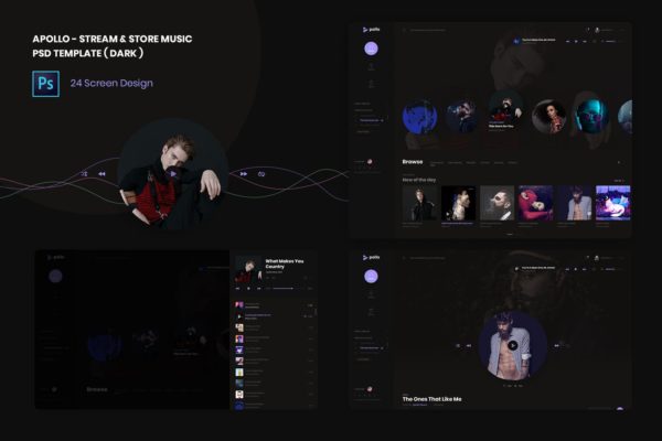 流媒体在线音乐网站UI设计PSD分层设计模板素材 Stream & Store Music PSD Template ( Dark version )