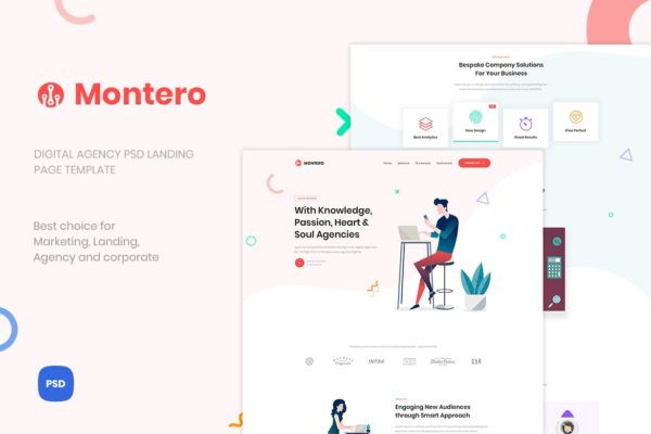 数字产品代理商网站着陆页设计模板素材 Montero – Digital Agency PSD Landing Page Template