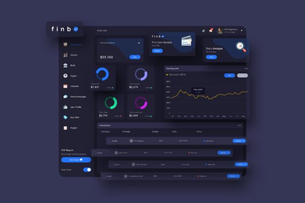 网站后台金融财务数据统计报表UI设计模板素材[暗夜版本] finbO Finance Dashboard Ui Dark – FP