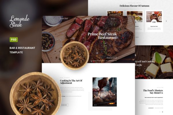 酒吧&西餐馆网站设计PSD分层设计模板素材 Lemonde Steak – Bar & Restaurant PSD Template