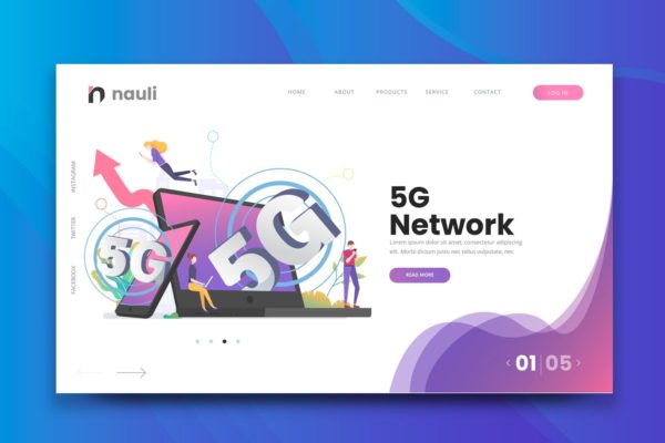 5G网络技术主题科技网站设计模板素材 5G Network Web PSD and AI Vector Template