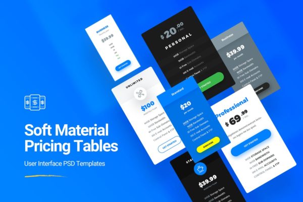 7种设计风格网站服务价格表单设计PSD分层设计模板素材 Soft Material Pricing Table PSD Templates