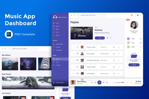 音乐APP应用管理员后台界面设计PSD分层设计模板素材 Music App – Admin Dashboard PSD Template