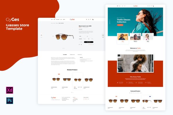 眼镜墨镜网上商城设计模板素材[PSD. XD] Gyges – glasses Store Template
