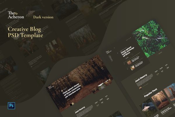 创意博客网站夜间模式界面设计PSD分层设计模板素材 Acheron Dark – Creative Blog PSD Template