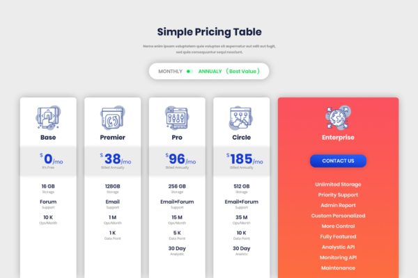 数据服务订阅价格表单UI设计模板素材 Pricing Table