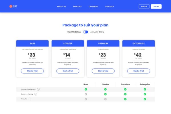 商业在线应用服务授权多套餐对比价格表单UI设计模板素材 Pricing Table