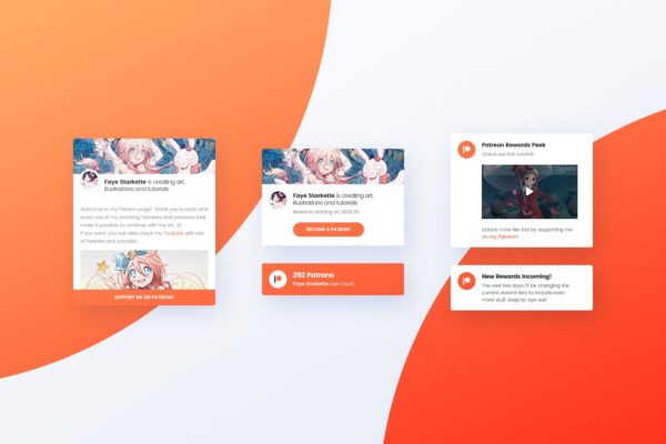 社交媒体卡片式设计UI设计模板素材v2 Asgard Plugin – Patreon UI Cards – PSD Template