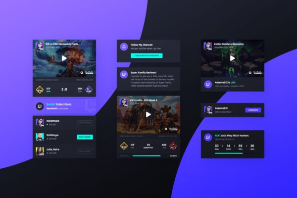 社交媒体卡片式设计UI设计模板素材v4 Asgard Plugin – Twitch UI Cards – PSD Template