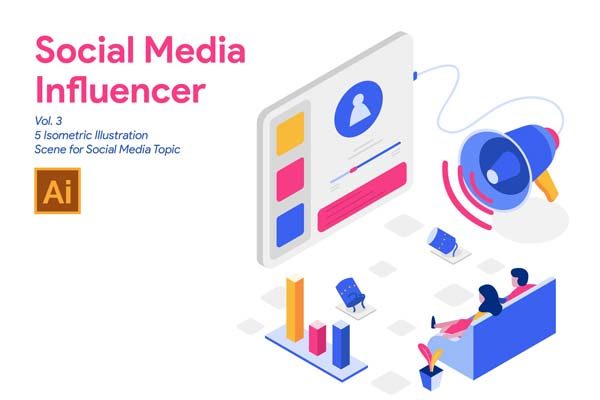 蚂蚁素材下午茶：2.5D互联网概念社交元素Ai插画文件