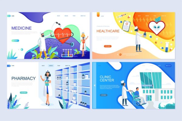 医疗健康主题扁平设计风格落地页概念插画精选 Set of Landing Page Templates Flat Concept