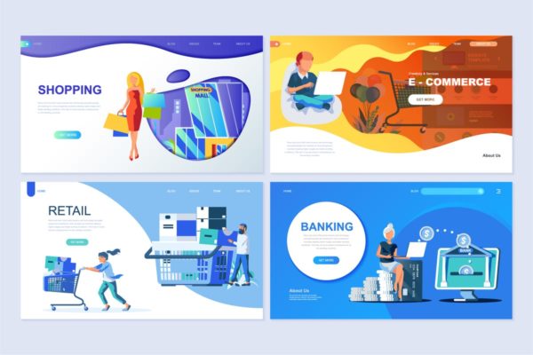 电子商务主题扁平化设计落地页概念插画精选 Set of Landing Page Templates Flat Concept