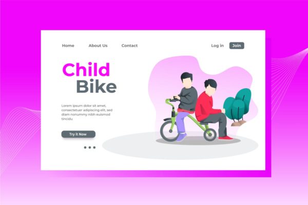 儿童单车概念插画精选品牌网站落地页模板 Child Bike Landing Page Illustration