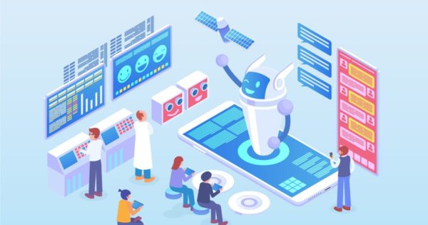 AI智能机器人场景2.5D等距概念插画精选 Isometric Chatbot Vector Concept Illustration