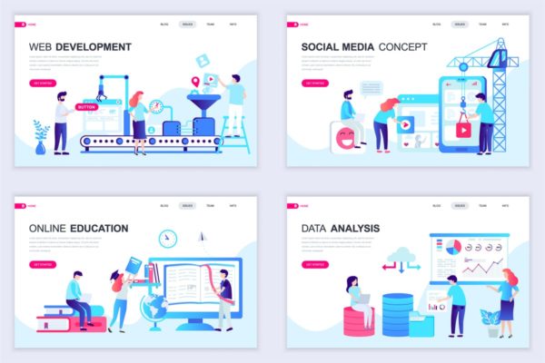 扁平设计风格场景概念插画精选网站落地页设计模板v6 Set of Landing Page Templates Flat Concept