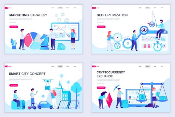 扁平设计风格场景概念插画精选网站落地页设计模板v5 Set of Landing Page Templates Flat Concept