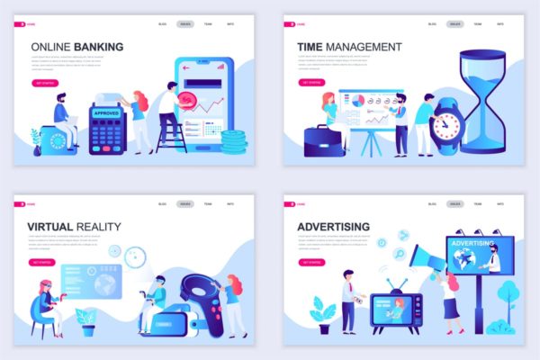 扁平设计风格场景概念插画精选网站落地页设计模板v2 Set of Landing Page Templates Flat Concept