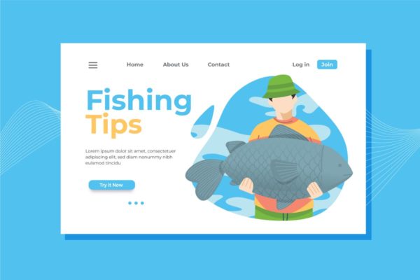 钓鱼钓具网站概念插画精选网站落地页设计模板 Fishing Landing Page Illustration