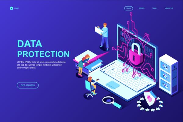 数据加密保护等距概念插画精选网站落地页设计模板 Data Protection Isometric Landing Page Template