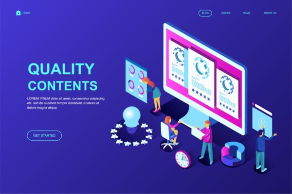 内容质量管理等距概念插画精选落地页设计模板 Quality Content Isometric Landing Page Template