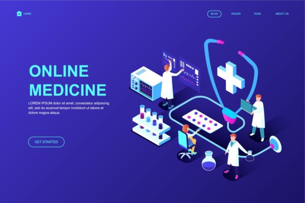 医疗行业等距概念插画精选网站落地页设计模板 Medicine Isometric Landing Page Template