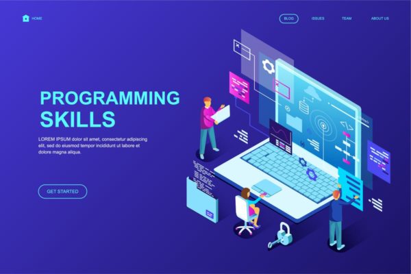 编程技能培训等距概念插画精选落地页设计PSD模板 Programming Skills Isometric Landing Page Template