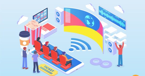 在线影院2.5D概念插画精选素材 Isometric Online Cinema Vector Concept