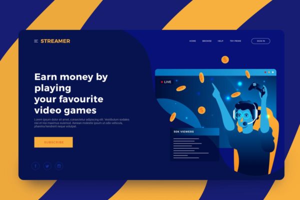 视频游戏流概念插画精选网站落地页模板 Video Game Streaming Illustration