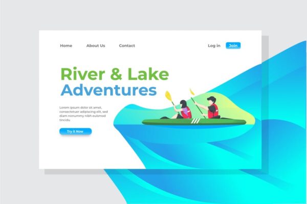江河＆湖泊冒险运动概念插画精选网站落地页设计模板 River & Lake Adventures Landing Page Illustration