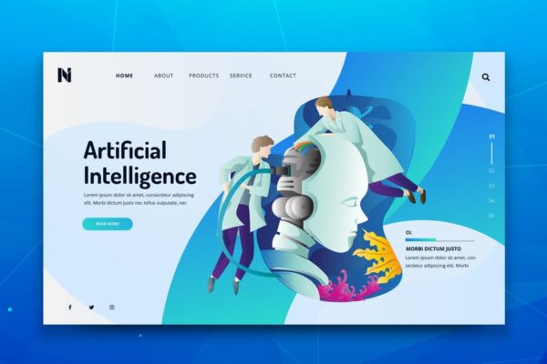 AI人工智能概念插画精选网站落地页设计模板 Artificial Intelligence Web  PSD and AI Template