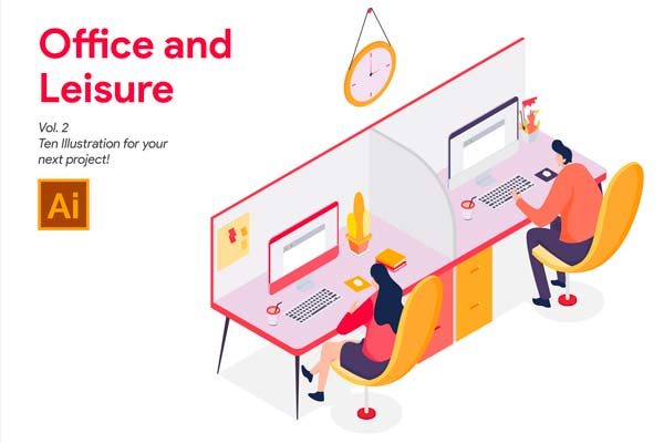 第一素材下午茶：2.5D办公室概念矢量插画设计精选素材文件[Ai]