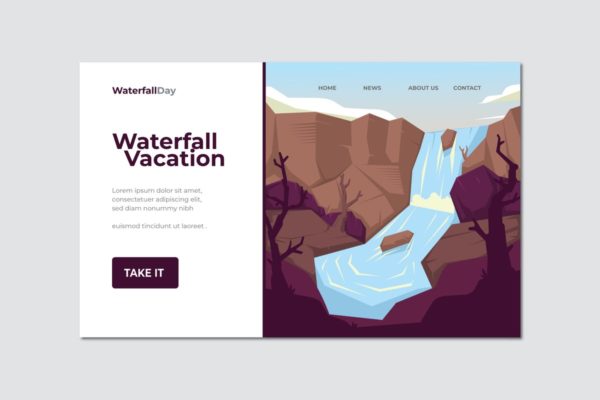 假期旅行瀑布概念插画精选网站落地页设计模板 Waterfall Vacation Landing Page Illustration