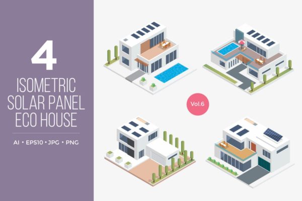太阳能发电楼房场景2.5D等距概念插画精选v6 Isometric Solar Panel Eco House Vector Set 6