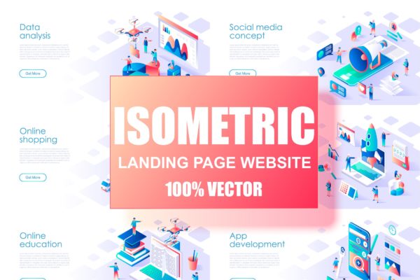 等距扁平化设计概念插画精选落地页设计模板 Isometric Flat Design Concept Landing Page