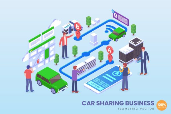 汽车共享场景2.5D矢量等距概念插画精选 Isometric Car Sharing Application Vector Concept