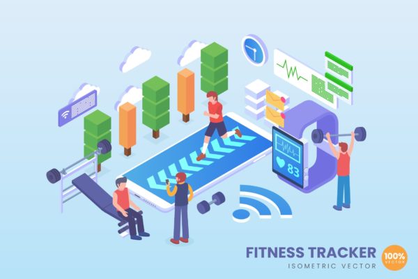 健身场景适配跟踪器2.5D矢量等距概念插画精选 Isometric Fitness Tracker Vector Concept