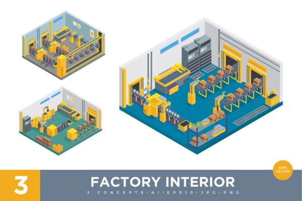 工厂加工场景2.5D等距概念插画精选v1 3 Isometric Factory Interior Vector Set 1