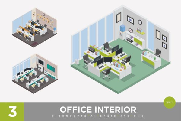 办公室场景2.5D等距概念插画精选v1 3 Isometric Office Cubical Interior Vector Set 1