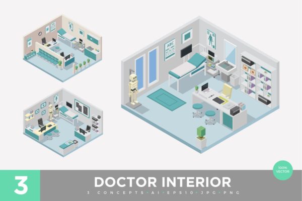 医生门诊2.5D等距概念场景插画素材v1 3 Isometric Doctor Clinic Interior Vector Set 1