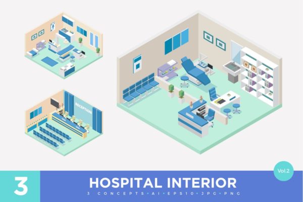 医院门诊场景2.5D等距概念插画精选v2 3 Isometric Hospital Clinic Interior Vector Set 2