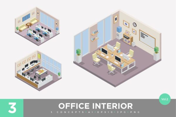 办公室场景2.5D等距概念插画精选v2 3 Isometric Office Cubical Interior Vector Set 2