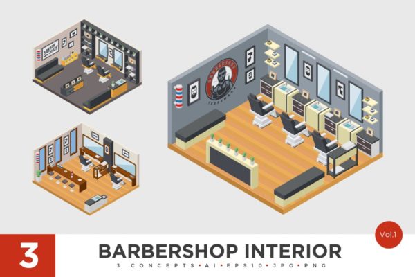 理发美发店2.5D等距概念场景插画素材v1 3 Isometric Barbershop Interior Vector Set 1