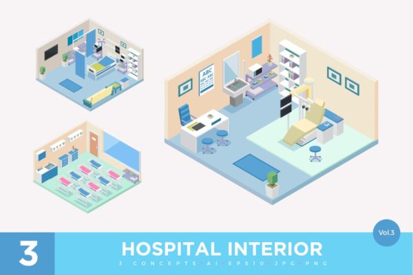 医院门诊场景2.5D等距概念插画精选v3 3 Isometric Hospital Clinic Interior Vector Set 3