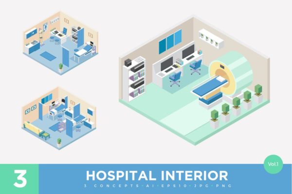 医院门诊场景2.5D等距概念插画精选v1 3 Isometric Hospital Clinic Interior Vector Set 1