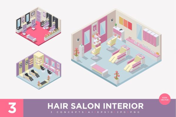 美发沙龙场景2.5D等距概念插画精选v1 3 Isometric Hair Salon Interior Vector Set 1