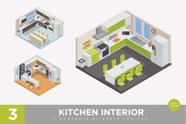 家庭厨房场景2.5D等距概念插画精选v1 3 Isometric Home Kitchen Interior Vector Set 1