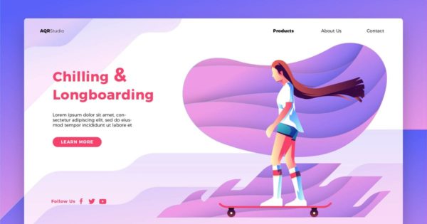滑板运动概念插画精选网站Banner＆落地页设计模板 Longboarding – Banner & Landing Page