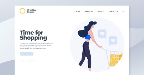 商店购物概念插画精选网站落地页设计模板 Time for Shopping – Landing Page